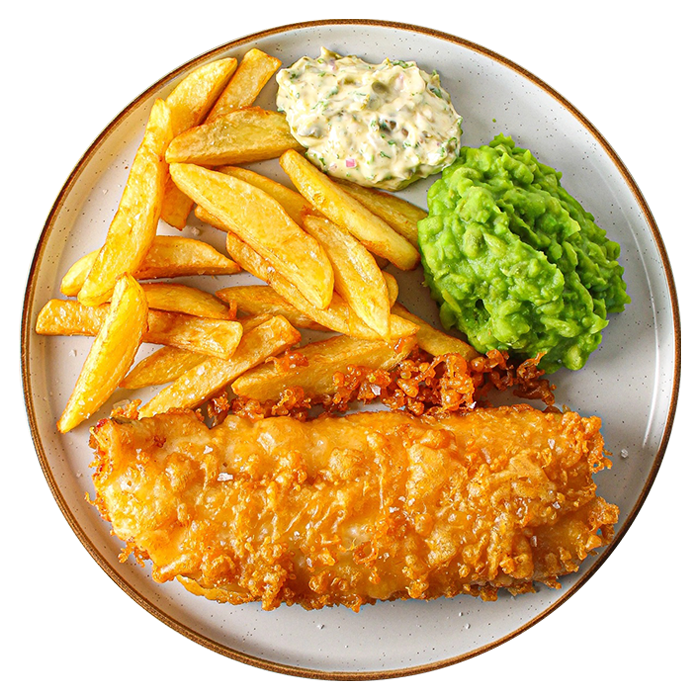 Mario’s Crispy battered fish with golden chips, mushy peas and tartar sauce.
